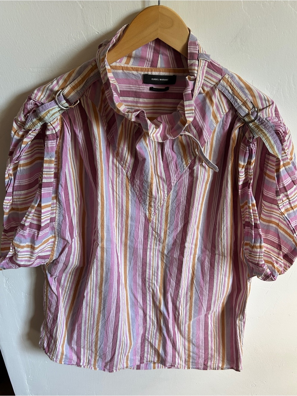 Isabel Marant Striped Pink, Yellow & White Cotton Puff-Sleeve Blouse - Picture 2 of 10